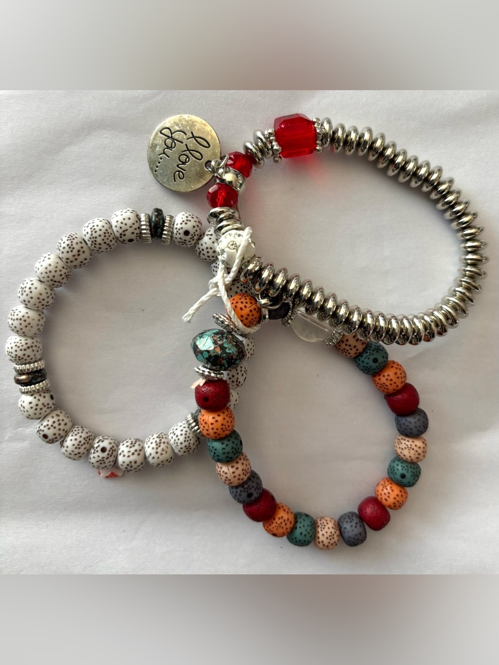 2/$12•3/$15•7/$25 NWOT 1 set Silver and Red Beaded Bracelet Set w/Love Charm